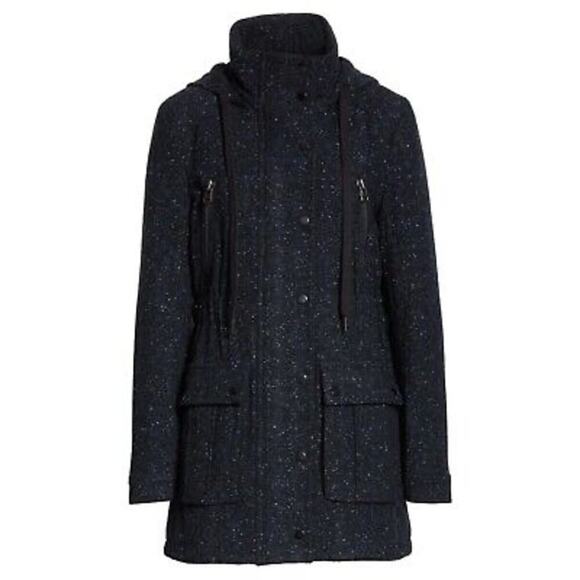 Veronica Beard Tawny Wool Blend Hooded Parka/Coat Navy Blue Tweed Size Small - Picture 2 of 10